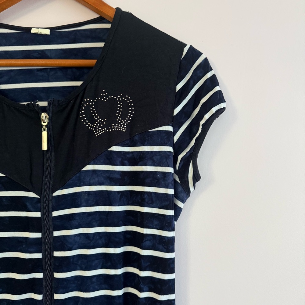 Navy & White Striped Zip Front Top with Rhinestone Detail